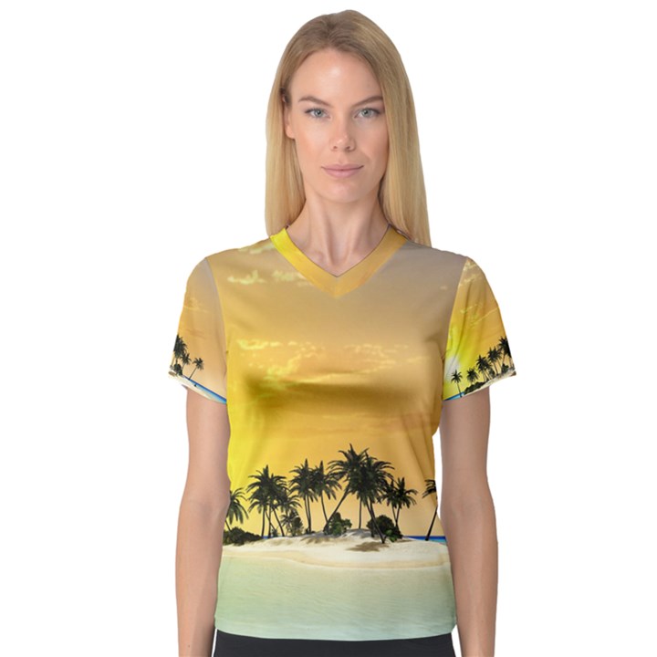 Beautiful Island In The Sunset Women s V-Neck Sport Mesh Tee