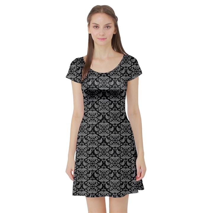 Silver Damask With Black Background Short Sleeve Skater Dresses