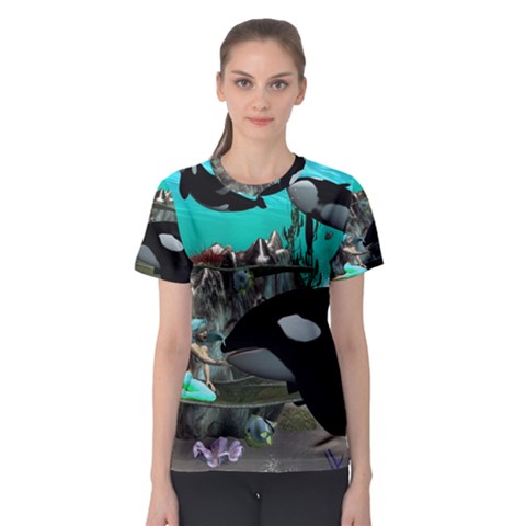 Cute Mermaid Playing With Orca Women s Sport Mesh Tees by FantasyWorld7