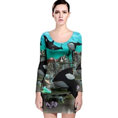 Cute Mermaid Playing With Orca Long Sleeve Bodycon Dresses