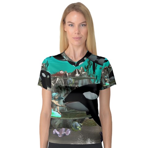 Cute Mermaid Playing With Orca Women s V-neck Sport Mesh Tee by FantasyWorld7