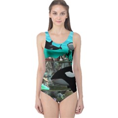 Cute Mermaid Playing With Orca Women s One Piece Swimsuits