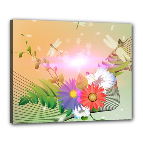 Wonderful Colorful Flowers With Dragonflies Canvas 20  X 16 