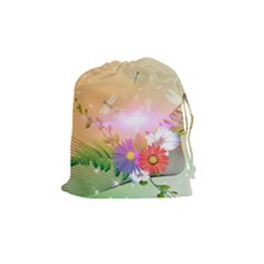 Wonderful Colorful Flowers With Dragonflies Drawstring Pouches (medium) 