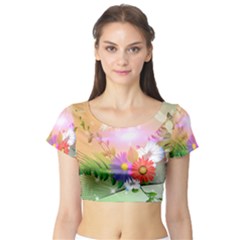 Wonderful Colorful Flowers With Dragonflies Short Sleeve Crop Top