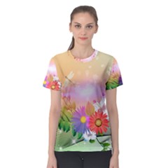 Wonderful Colorful Flowers With Dragonflies Women s Sport Mesh Tees