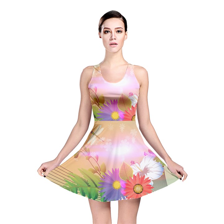 Wonderful Colorful Flowers With Dragonflies Reversible Skater Dresses