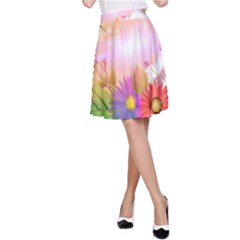 Wonderful Colorful Flowers With Dragonflies A-line Skirts