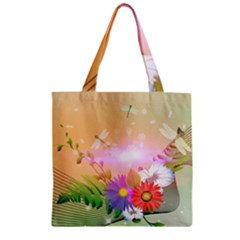 Wonderful Colorful Flowers With Dragonflies Zipper Grocery Tote Bags