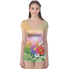 Wonderful Colorful Flowers With Dragonflies Short Sleeve Leotard