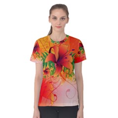 Awesome Red Flowers With Leaves Women s Cotton Tees