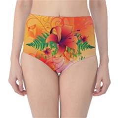 Awesome Red Flowers With Leaves High-waist Bikini Bottoms