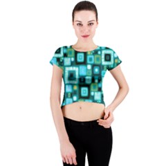 Teal Squares Crew Neck Crop Top