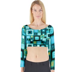 Teal Squares Long Sleeve Crop Top