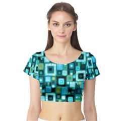 Teal Squares Short Sleeve Crop Top