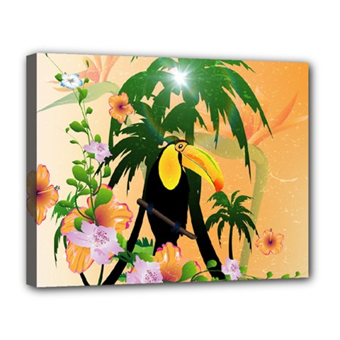 Cute Toucan With Palm And Flowers Canvas 14  X 11 