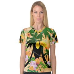 Cute Toucan With Palm And Flowers Women s V-neck Sport Mesh Tee