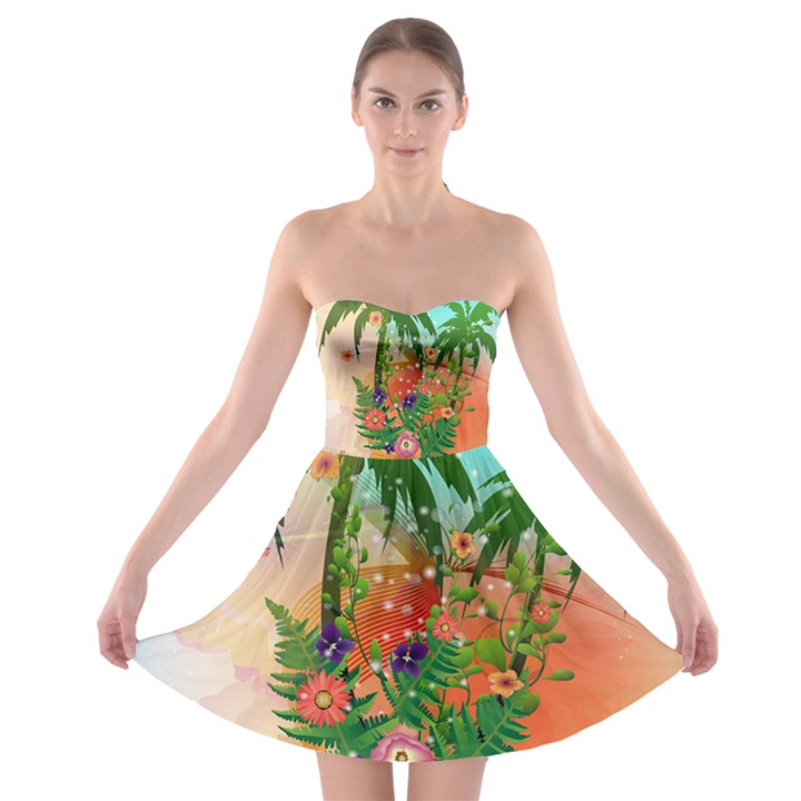 Tropical Design With Palm And Flowers Strapless Bra Top Dress