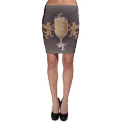 Music, Clef On A Shield With Liions And Water Splash Bodycon Skirts