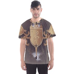 Music, Clef On A Shield With Liions And Water Splash Men s Sport Mesh Tees