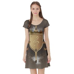 Music, Clef On A Shield With Liions And Water Splash Short Sleeve Skater Dresses by FantasyWorld7