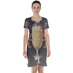 Music, Clef On A Shield With Liions And Water Splash Short Sleeve Nightdresses