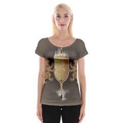 Music, Clef On A Shield With Liions And Water Splash Women s Cap Sleeve Top