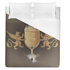 Music, Clef On A Shield With Liions And Water Splash Duvet Cover Single Side (full/queen Size)