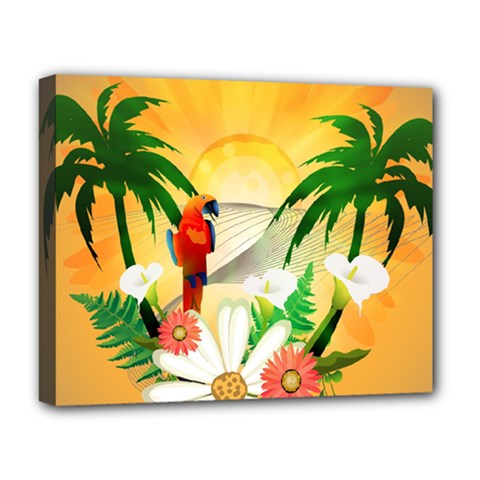 Cute Parrot With Flowers And Palm Deluxe Canvas 20  X 16  