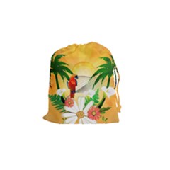 Cute Parrot With Flowers And Palm Drawstring Pouches (small) 