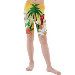 Cute Parrot With Flowers And Palm Kid s Swimwear