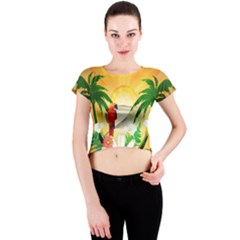 Cute Parrot With Flowers And Palm Crew Neck Crop Top