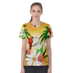 Cute Parrot With Flowers And Palm Women s Cotton Tees