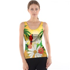 Cute Parrot With Flowers And Palm Tank Tops