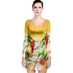 Cute Parrot With Flowers And Palm Long Sleeve Bodycon Dresses