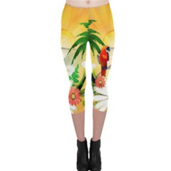 Cute Parrot With Flowers And Palm Capri Leggings