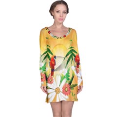 Cute Parrot With Flowers And Palm Long Sleeve Nightdresses