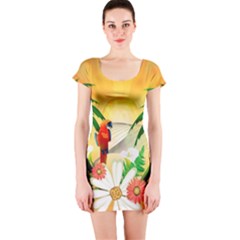 Cute Parrot With Flowers And Palm Short Sleeve Bodycon Dresses