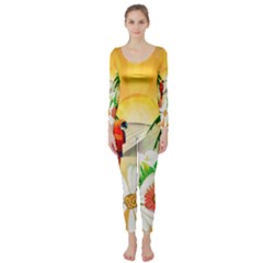 Cute Parrot With Flowers And Palm Long Sleeve Catsuit