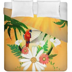 Cute Parrot With Flowers And Palm Duvet Cover (king Size)