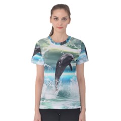 Funny Dolphin Jumping By A Heart Made Of Water Women s Cotton Tees