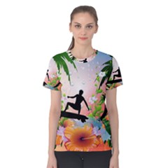 Tropical Design With Surfboarder Women s Cotton Tees