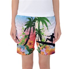 Tropical Design With Surfboarder Women s Basketball Shorts by FantasyWorld7