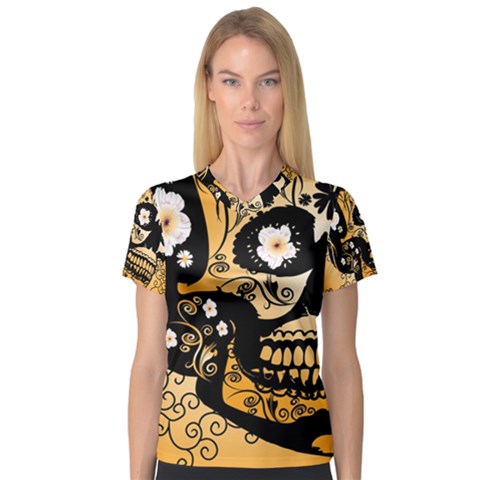 Sugar Skull In Black And Yellow Women s V-neck Sport Mesh Tee by FantasyWorld7