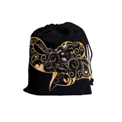 Beautiful Elephant Made Of Golden Floral Elements Drawstring Pouches (large)  by FantasyWorld7