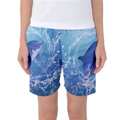 Cute Dolphin Jumping By A Circle Amde Of Water Women s Basketball Shorts by FantasyWorld7