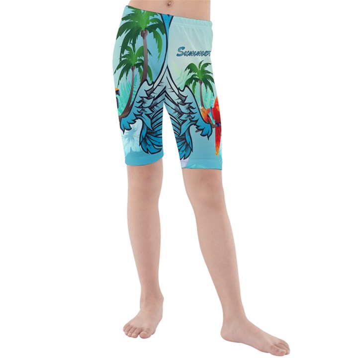 Summer Design With Cute Parrot And Palms Kid s swimwear