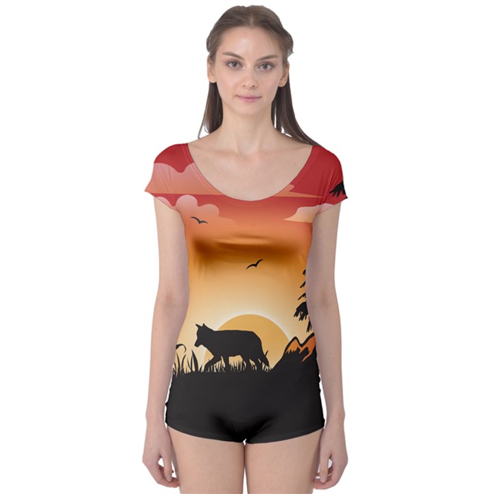 The Lonely Wolf In The Sunset Short Sleeve Leotard