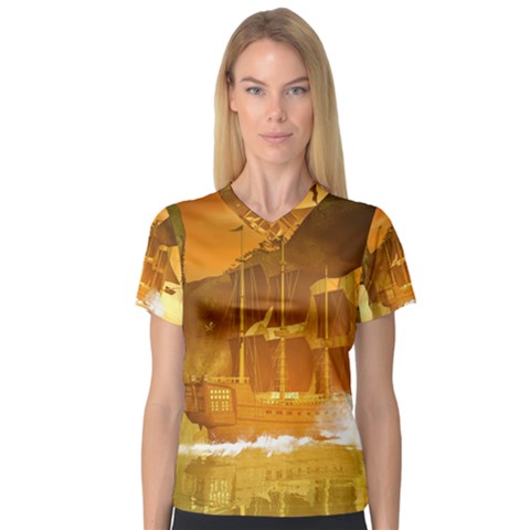 Awesome Sunset Over The Ocean With Ship Women s V-neck Sport Mesh Tee by FantasyWorld7