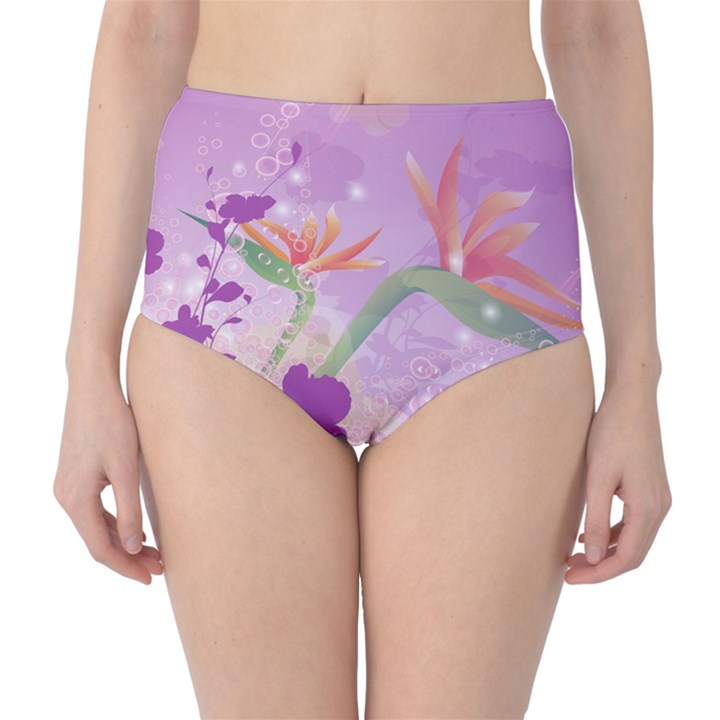 Wonderful Flowers On Soft Purple Background High-Waist Bikini Bottoms